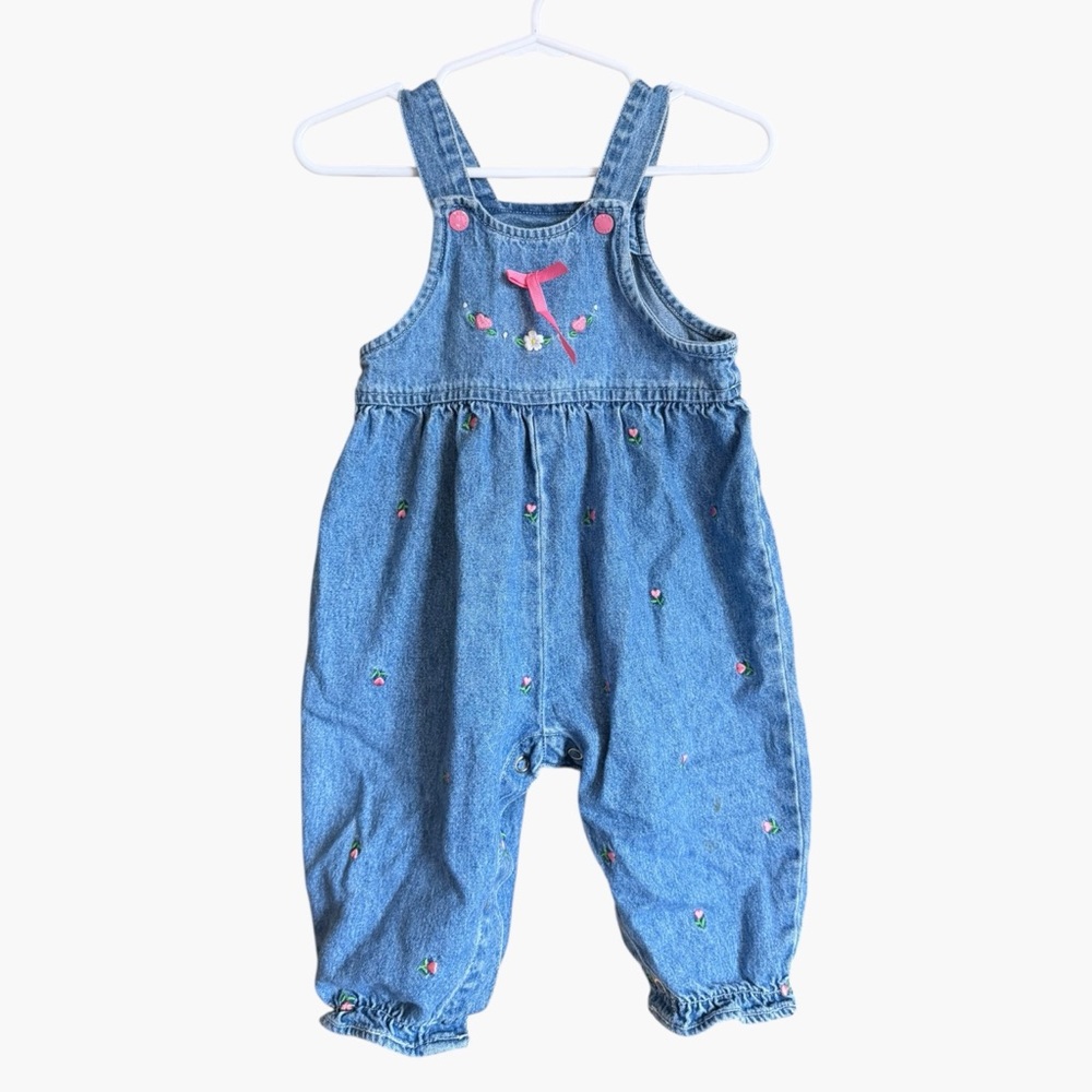 Vintage Baby B’gosh Denim Floral Embroidered Overalls 6–9M 100% Cotton